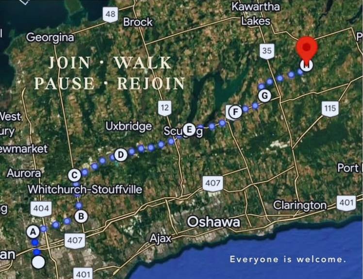 Route map of the 108 km Peace Walk from Cham Shan Temple to Wutai Shan Buddhist Garden, with stops A to H. Join, walk, pause, rejoin. Everyone is welcome.
