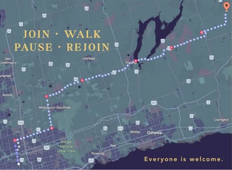 Route map of the 108 km Peace Walk from Cham Shan Temple to Wutai Shan Buddhist Garden, with stops A to G. Join, walk, pause, rejoin. Everyone is welcome.